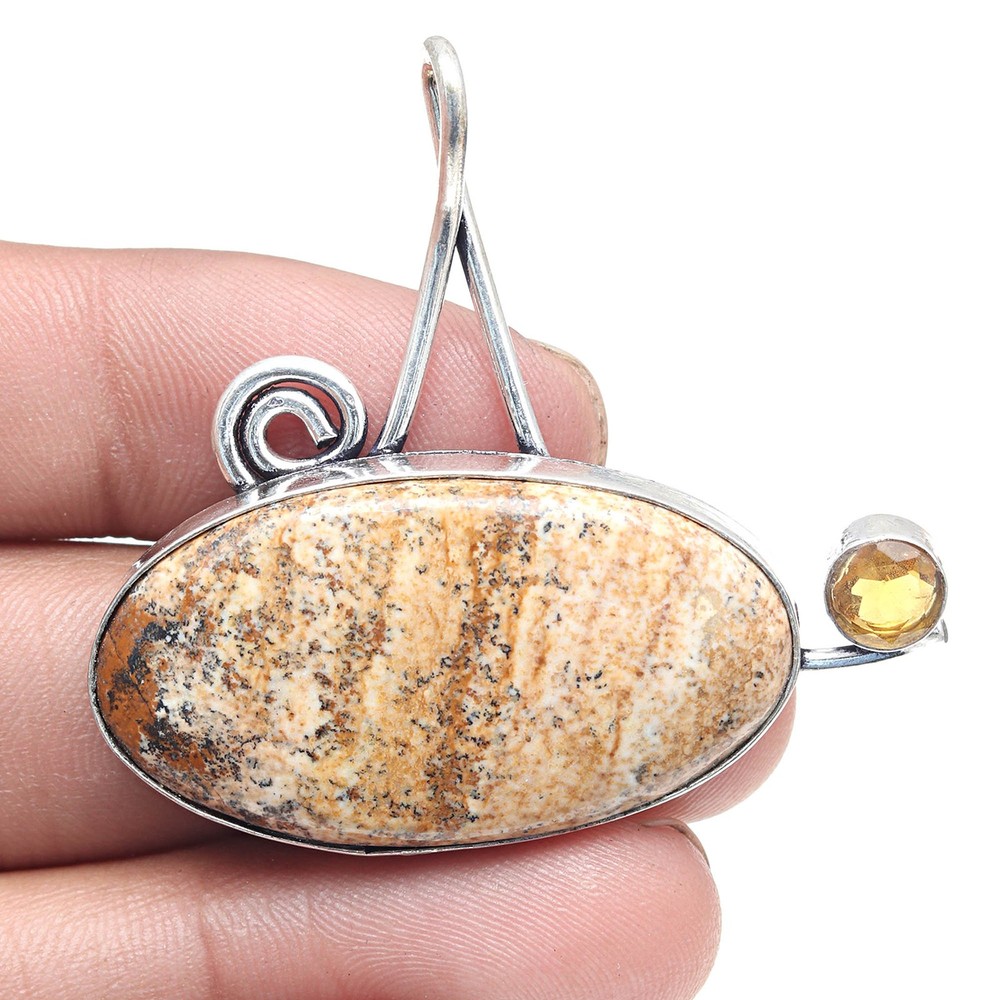 Handmade Silver Pendant with Picture Jasper and Citrine Quartz Gemstone 1.75 Inch