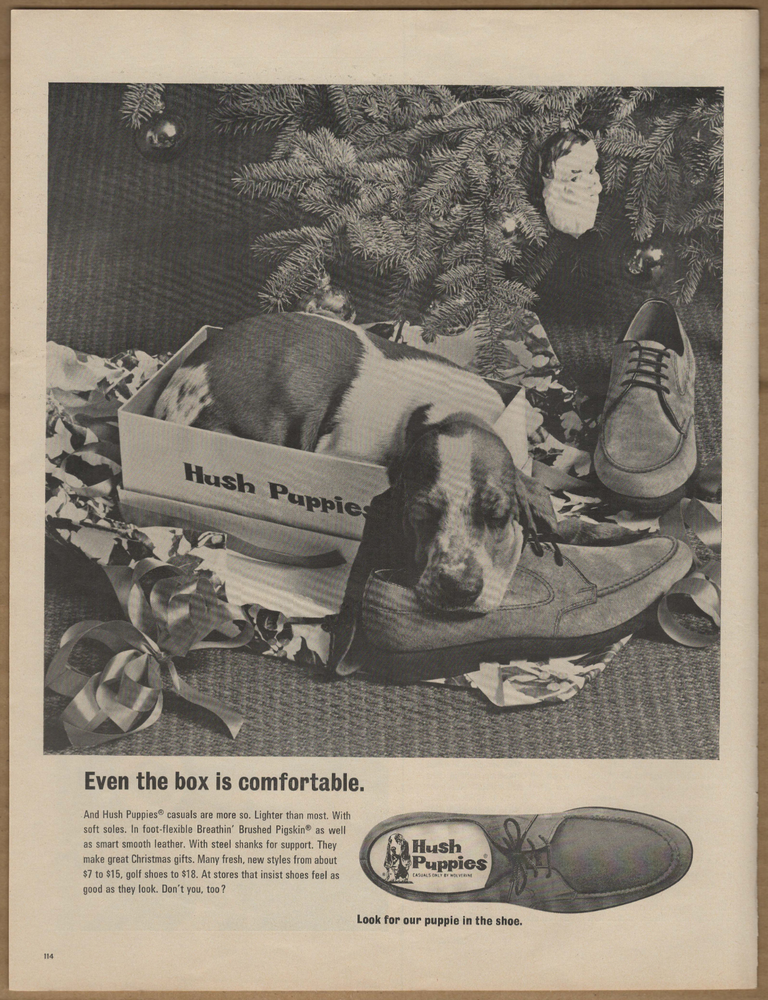 1968 Hush Puppies Shoes Christmas Vintage Print Ad Basset Hound Puppy Under Tree