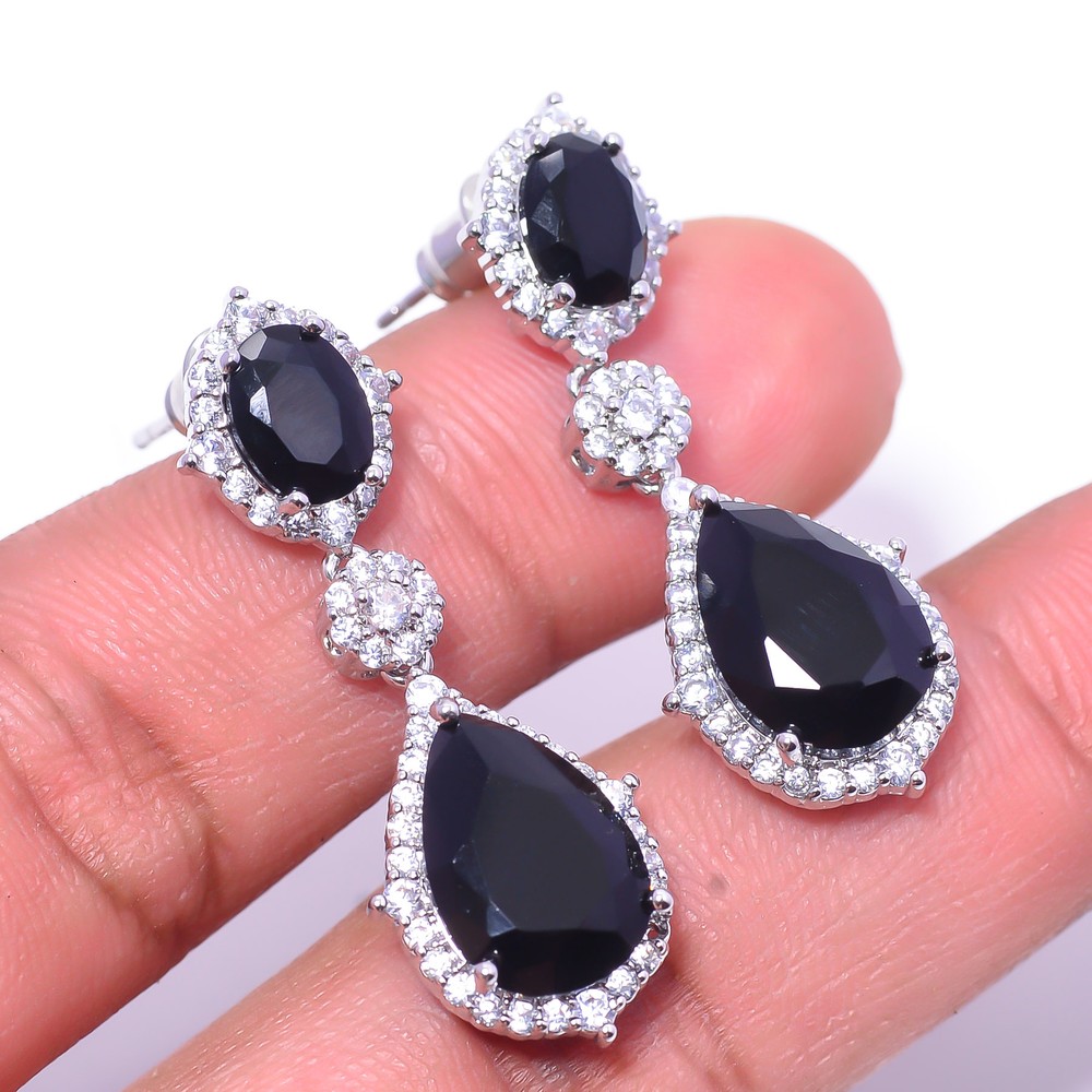 Black Onyx & Cubic Zirconia Gemstone 925 Sterling Silver Earring 1.37