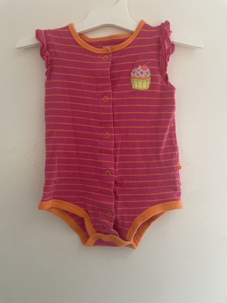 Carter's Baby Girl Cupcake Applique Striped 100% Cotton Bodysuit Pink Orange 12M