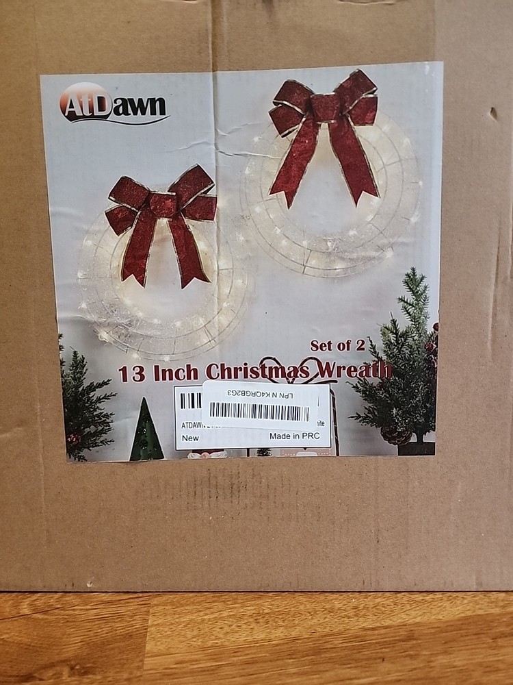 AtDawn 2-Pack 13-Inch Christmas Wreaths with Red and White Lights