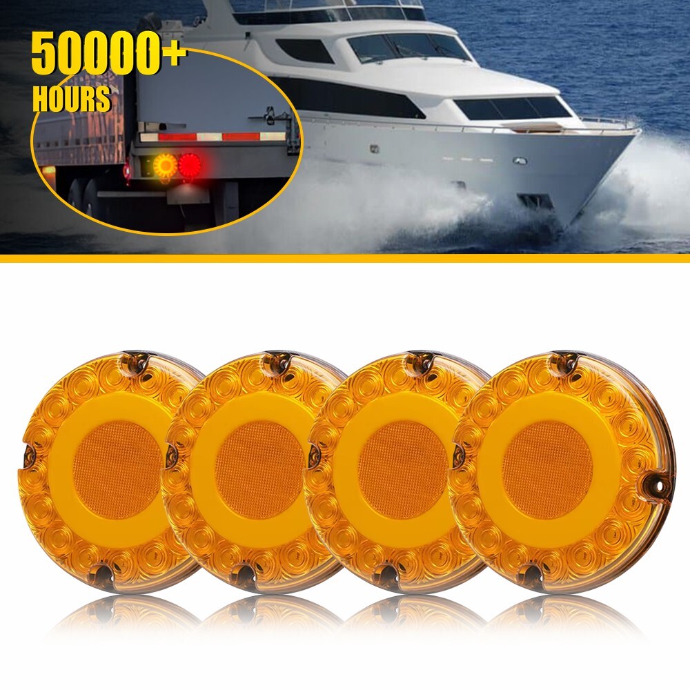 4PCS 7-Inch Amber Round LED Tail Lights for Trailers, Trucks, Buses - Stop, Turn Signal, DRL, Marker Lights