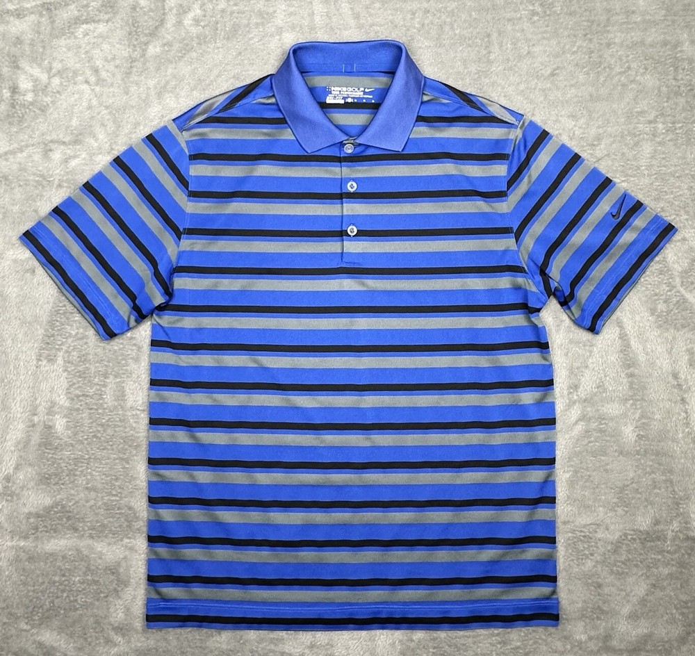 Nike Golf Polo Shirt Mens Medium Blue Black Gray Stripe Dri-Fit Tour Performance
