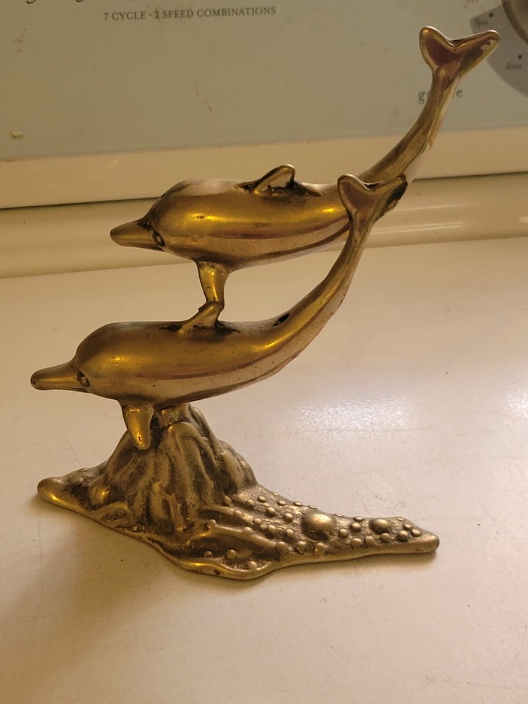 Vintage Brass Sculpture w/ Pair of Swimming Dolphins - Mid-Century Modern Ocean