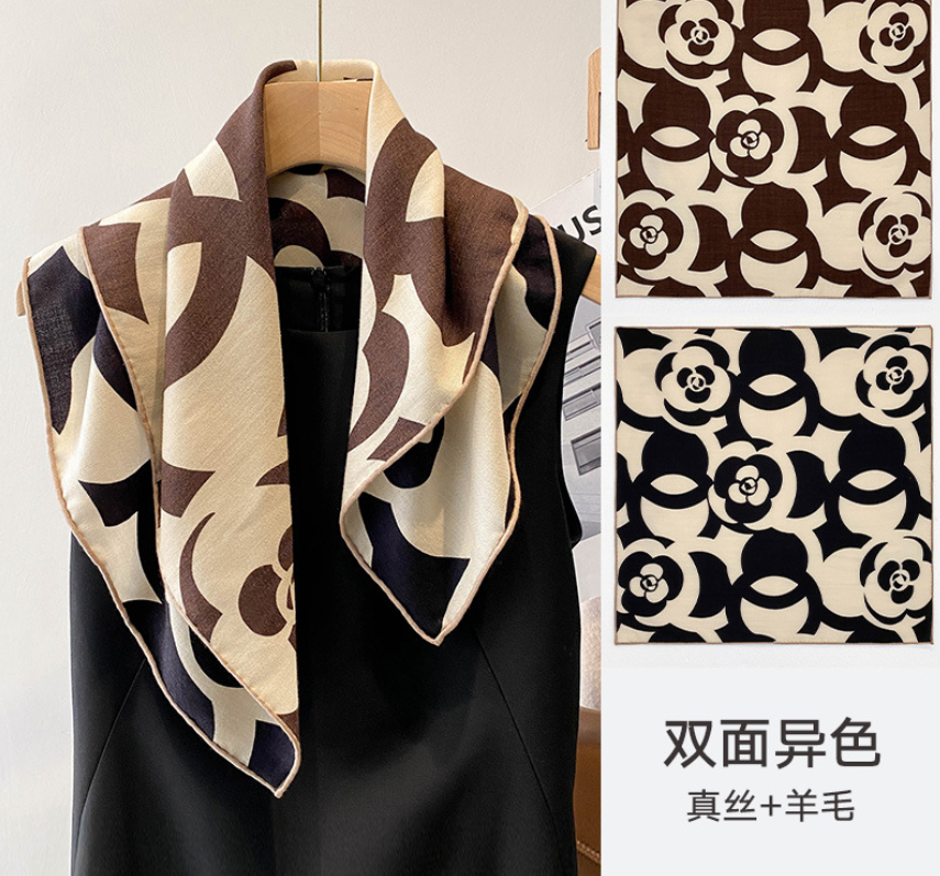 70% Cashmere 30% Silk Double-Faced Brown Striped Bandana Scarf 25 Inch Wrap