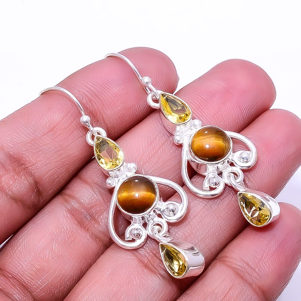 Yellow Tiger Eye Citrine 925 Sterling Silver Earrings 1.95 Inches E19