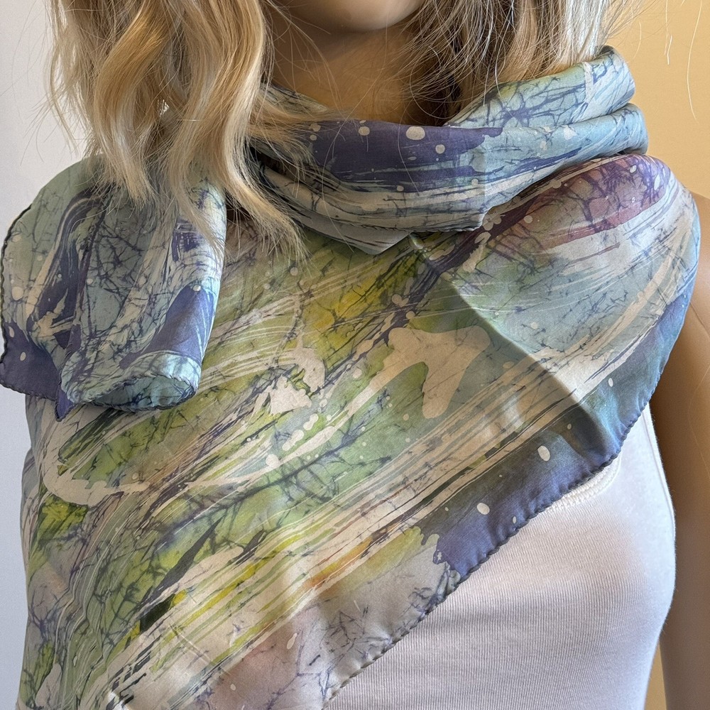 Vintage Hand-Painted Abstract Art Silk Scarf 8.5” x 65” Artistic Design