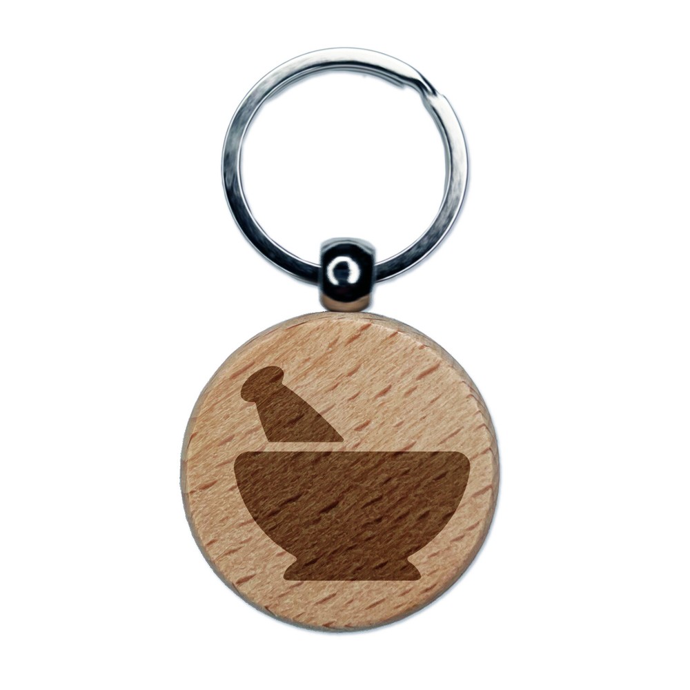 Mortar and Pestle Pharmacy Alchemy Icon Engraved Wood Round Keychain Tag Charm