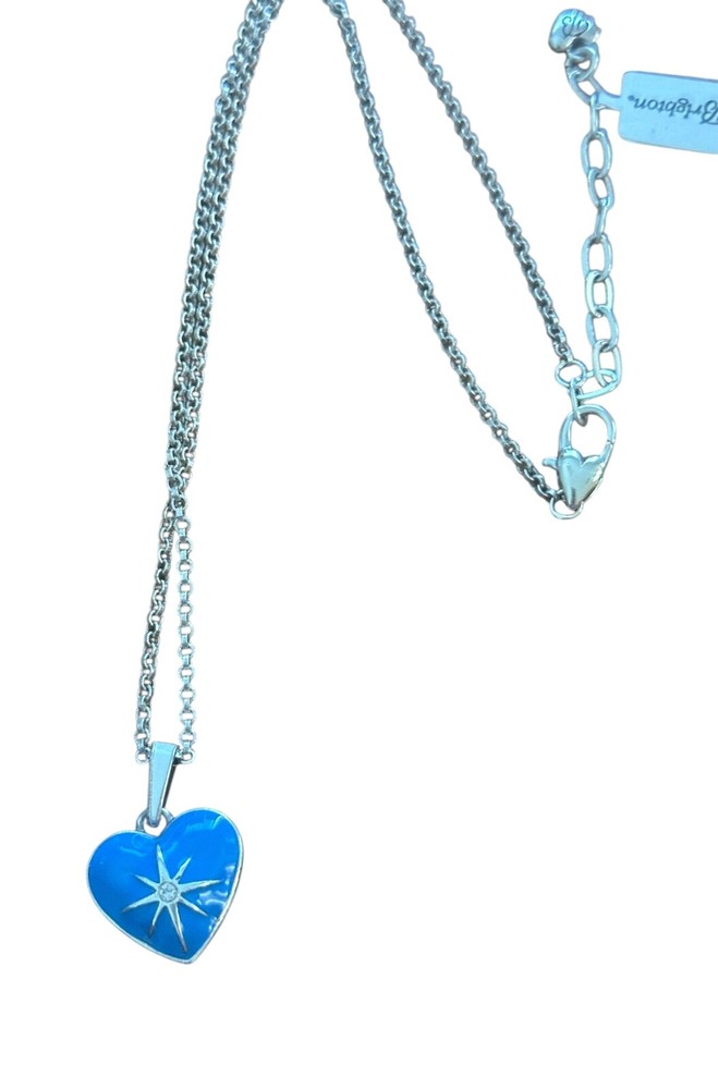Brighton Amore Shades Necklace- blue- heart pendant- silver chain- crystal