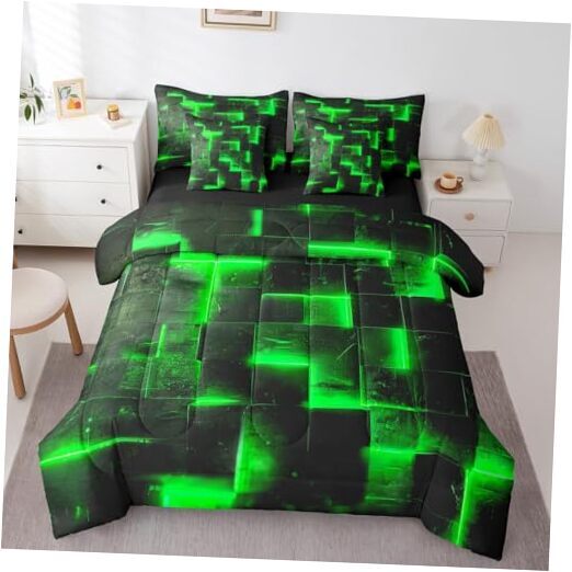 3D Geometric Bed in a Bag 7pcs Abstract Aesthetic Bedding Set, Black and Green