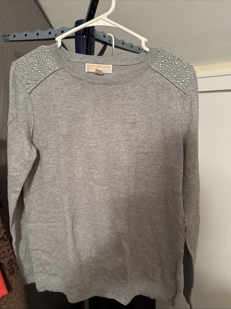 Michael Kors Womens Lightweight Gray Sweater Size Large with Shoulder Bling Detail