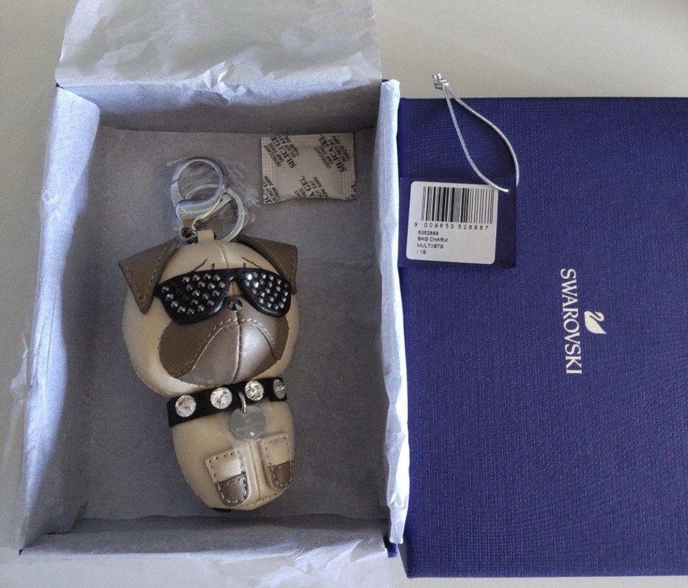 Swarovski Roxie Pug Keychain Leather Dog Charm w Crystals New with Box  