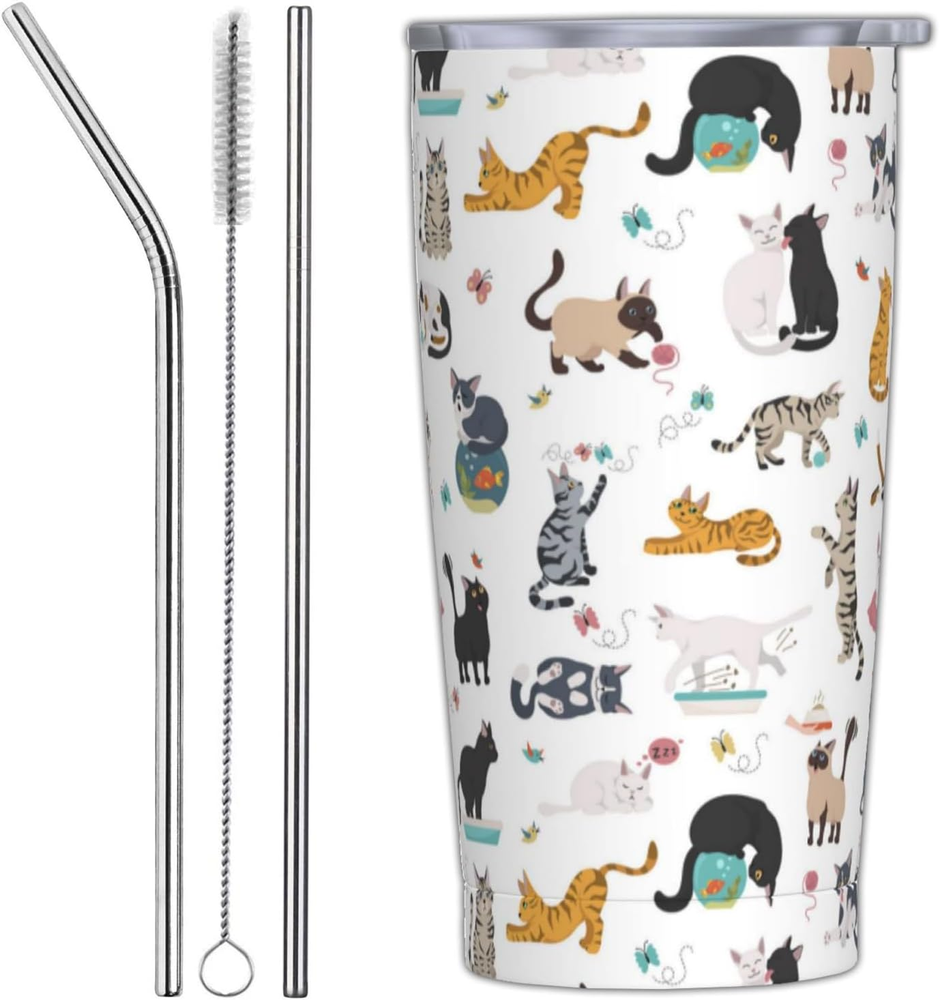 Cat Tumbler with Lid and Straw, 20 Oz Stainless Steel Cups Insulated Water Bottl
