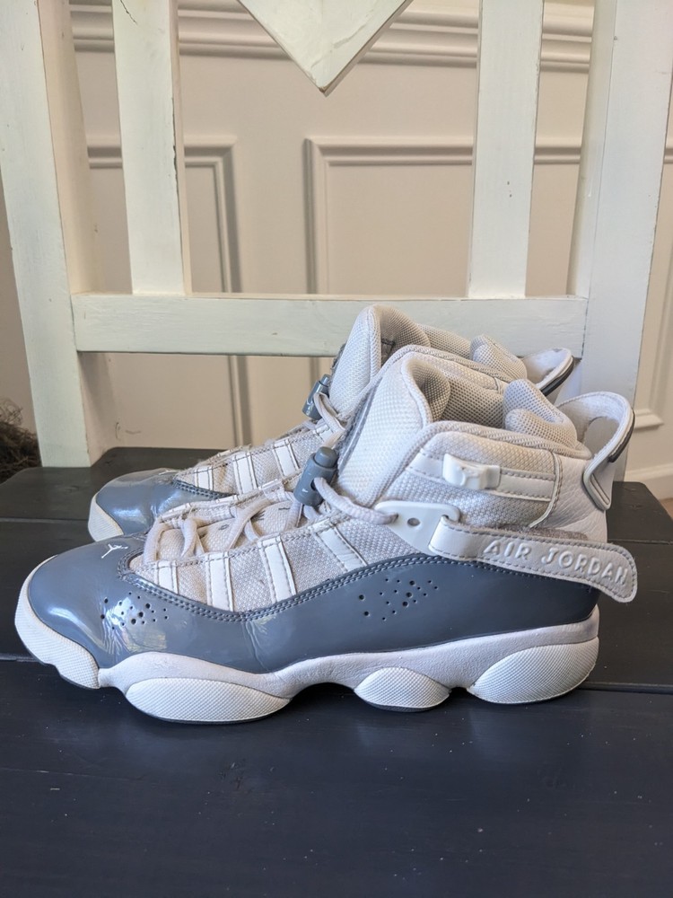 Air Jordan 6 Rings Shoes Youth Size 5.5Y Cool Grey White Patent GS 323419-121