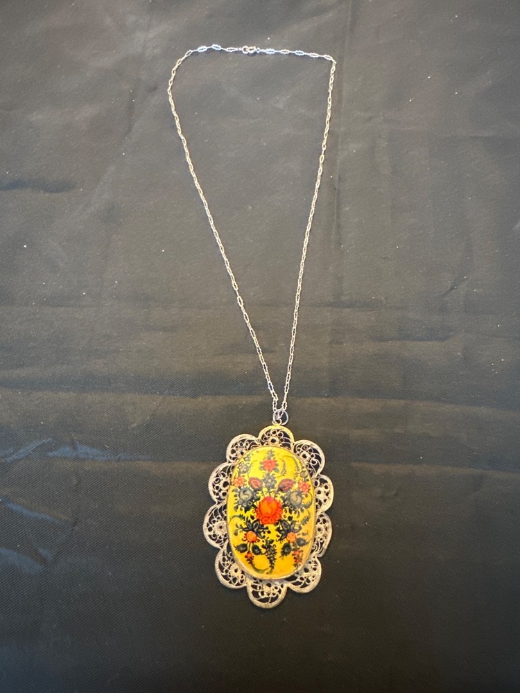 Vintage Sterling Silver Filigree Floral Pendant Necklace Hand Painted Enamel 925