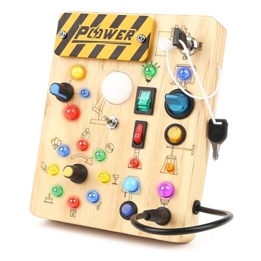 Montessori Wooden Busy Board with LED Lights for Toddlers Sensory Play
