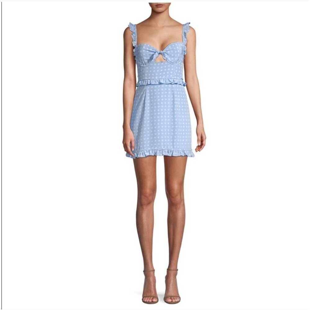For Love & Lemons Heart Print Ruffle Mini Dress Blue Size S Coquette Romantic