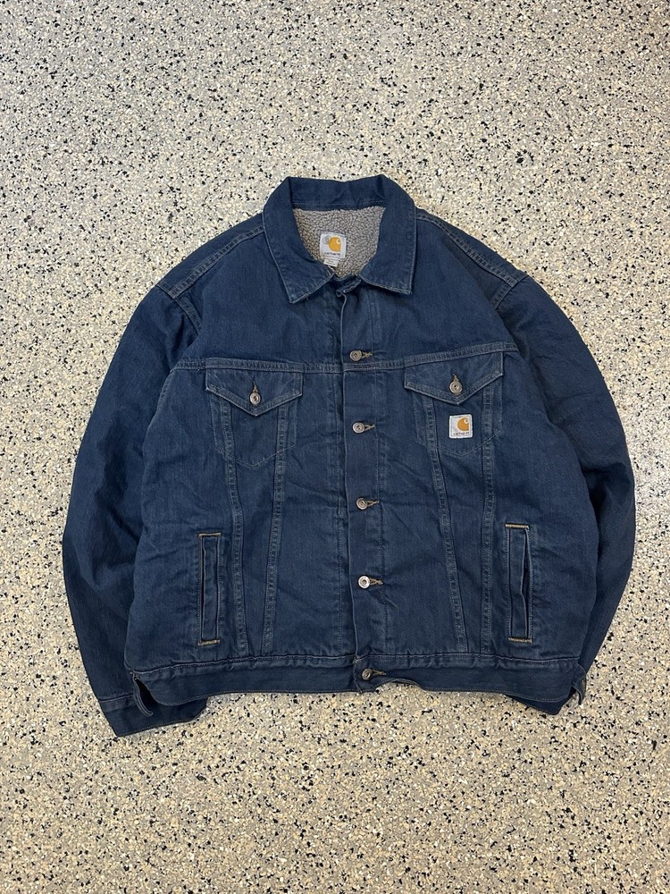 Carhartt J292 Sherpa Lined Denim Trucker Jacket 2XL Blue Vintage Fit Button Up