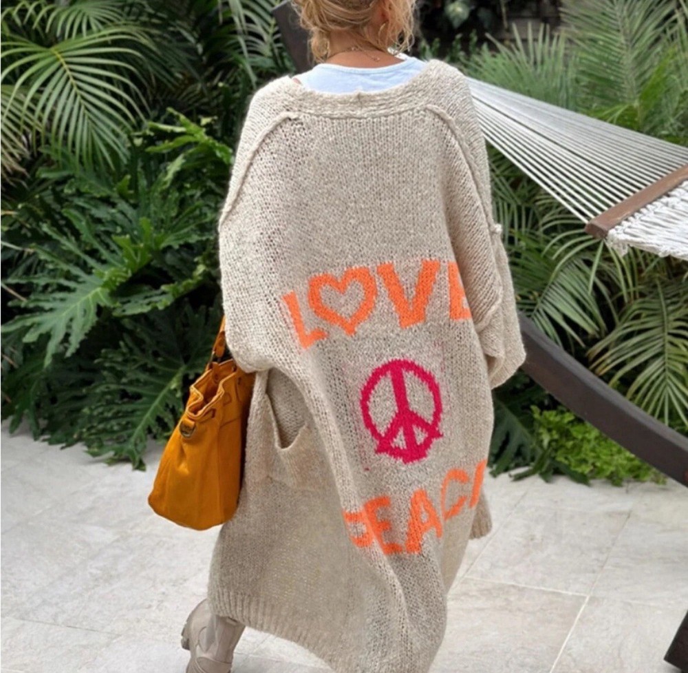 XL New Oversized Long Peace Love Sweater Jacket Duster Chunky Womens X-LARGE