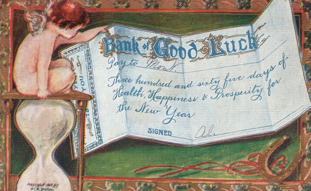 Vintage Postcard 1909 Bank Good Luck All Good Wishes Written In Check New Year-image