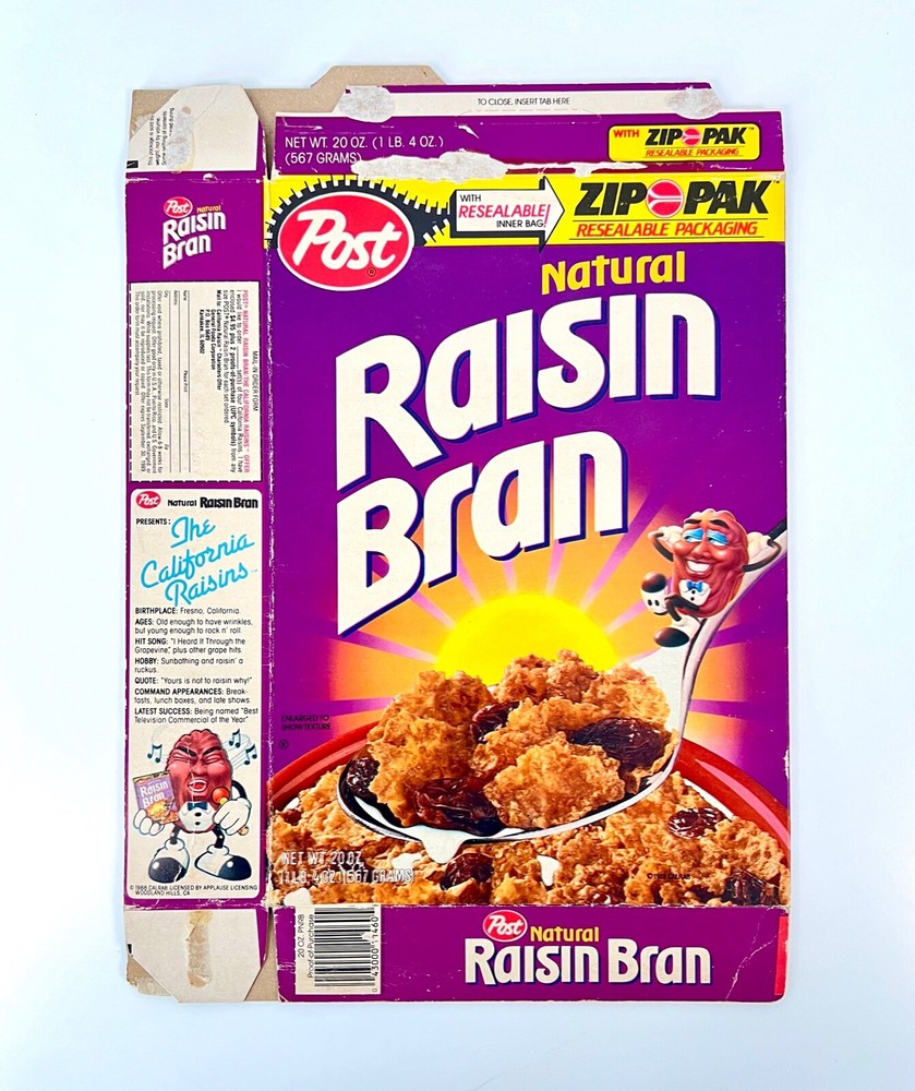 Vintage 1988 Post Raisin Bran Cereal Box California Raisins Advertising Mascots