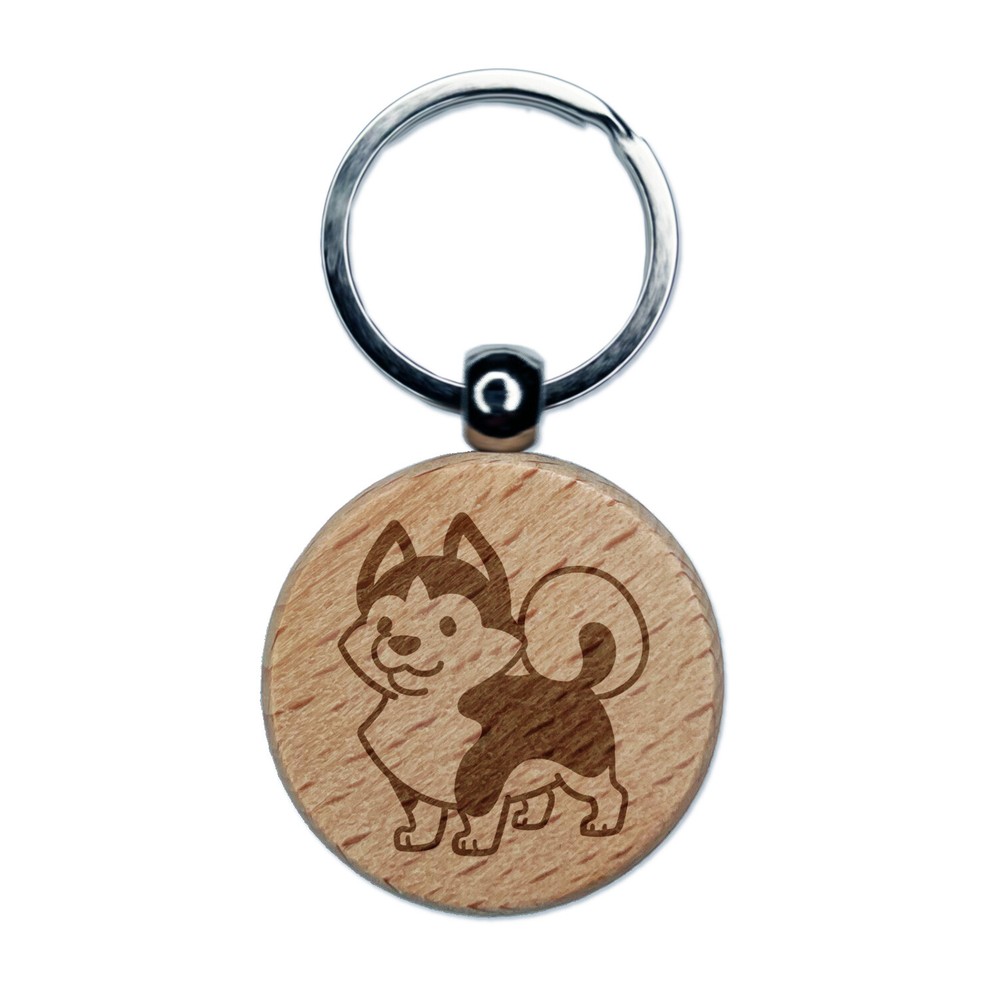 Siberian Husky Standing Dog Engraved Wood Round Keychain Tag Charm