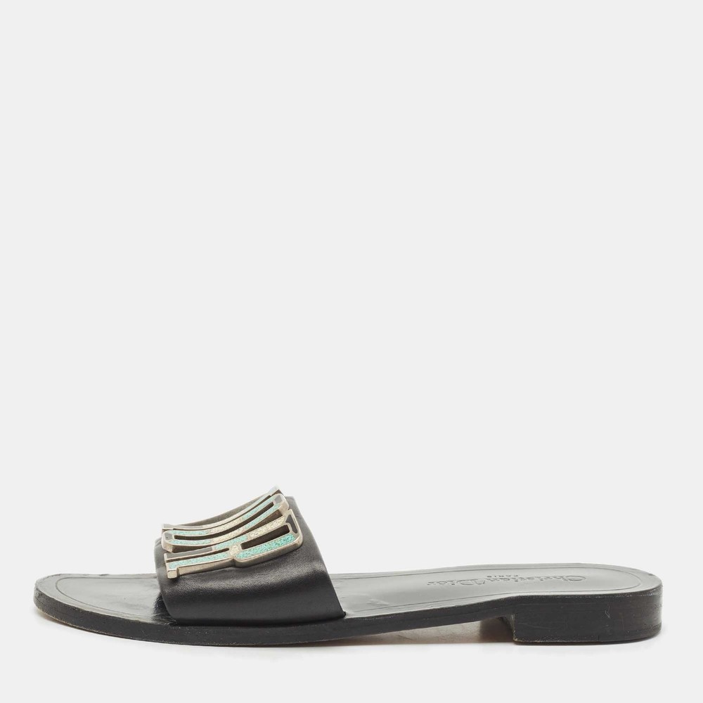 Dior Black Leather Diorevolution Flat Slides Size 38.5