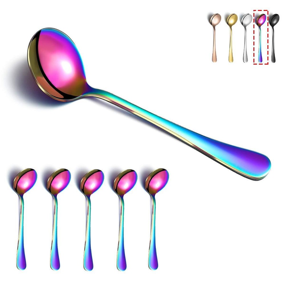 Rainbow Soup Spoons  6 Pieces Stainless Steel round Spoons with Rainbow Titaniu