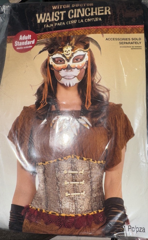 Voodoo Queen Witch Doctor Waist Cincher Corset with Bones and Feathers