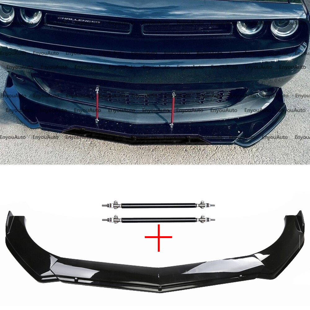 For Dodge Challenger SRT SXT Front Bumper Lip Spoiler + Strut Rods Glossy Black