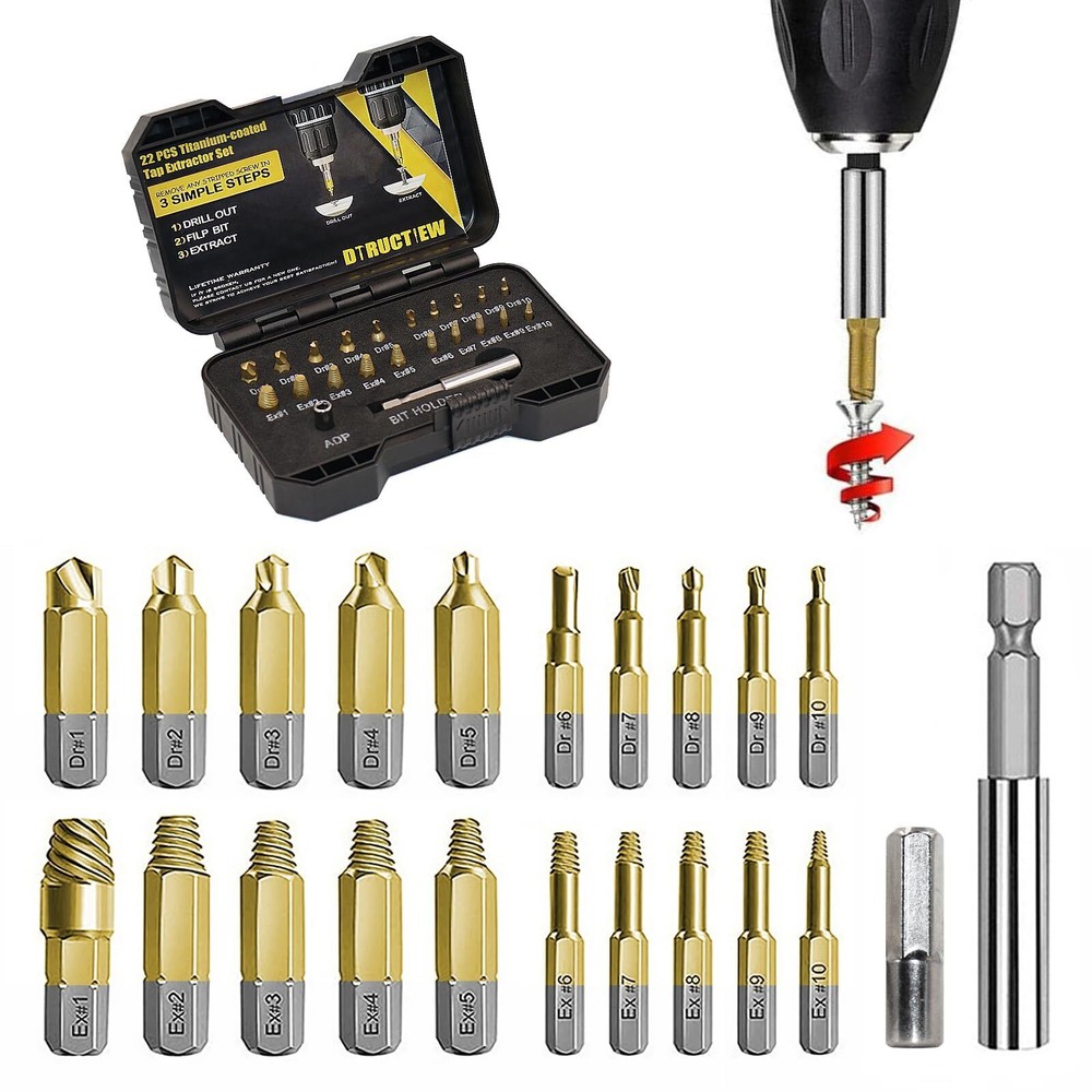 DTRUCTIEW 22-Piece Titanium HSS Screw Extractor Set for Stripped or Damaged Screws