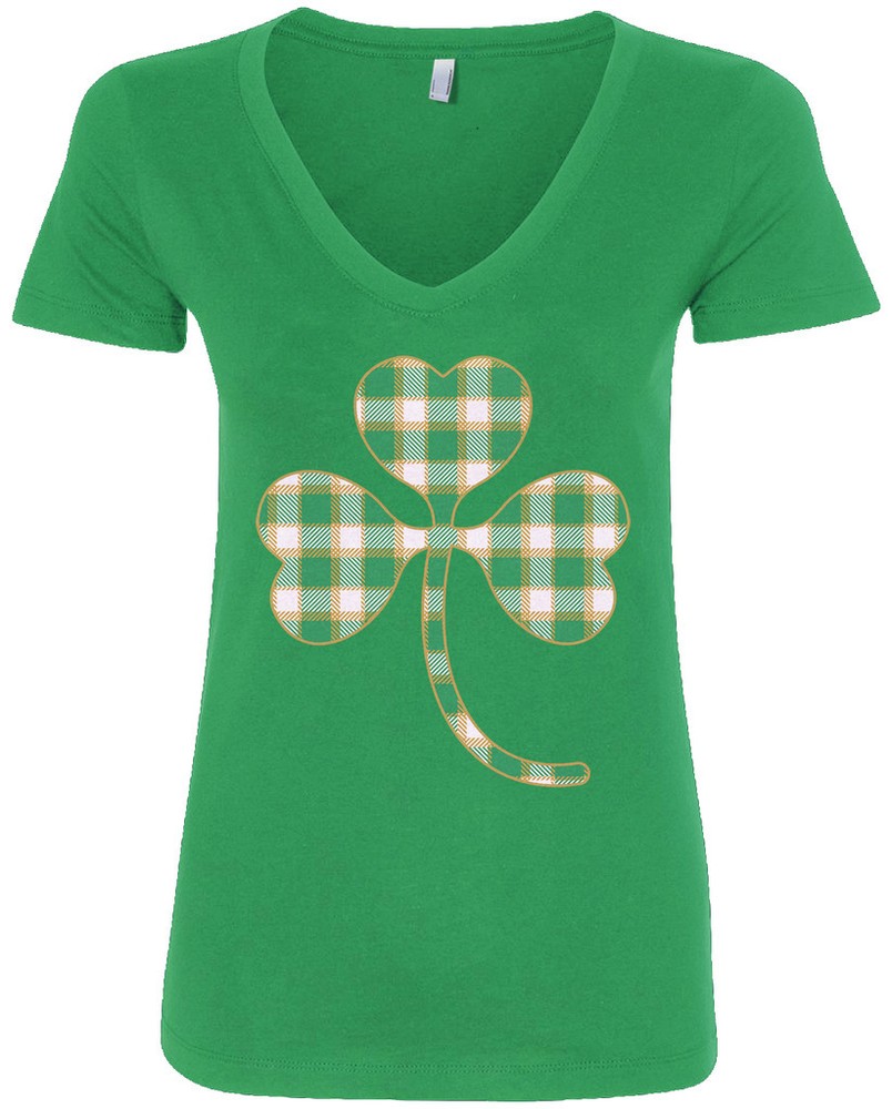 Plaid Shamrock Women's V-Neck T-Shirt St. Patrick's Day Irish Pride-image