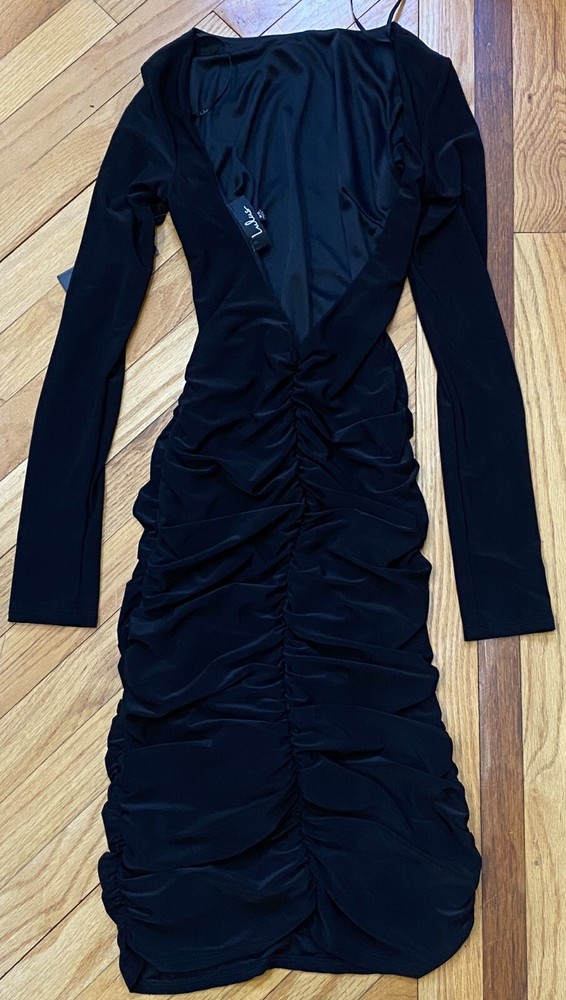 Lulus Midi Dress Women's XS Black Ruched Front Plunge Neck Long Sleeve Classic