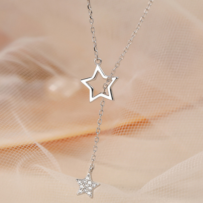Silver Pave CZ Double Tassel Star Pendant Necklace-image