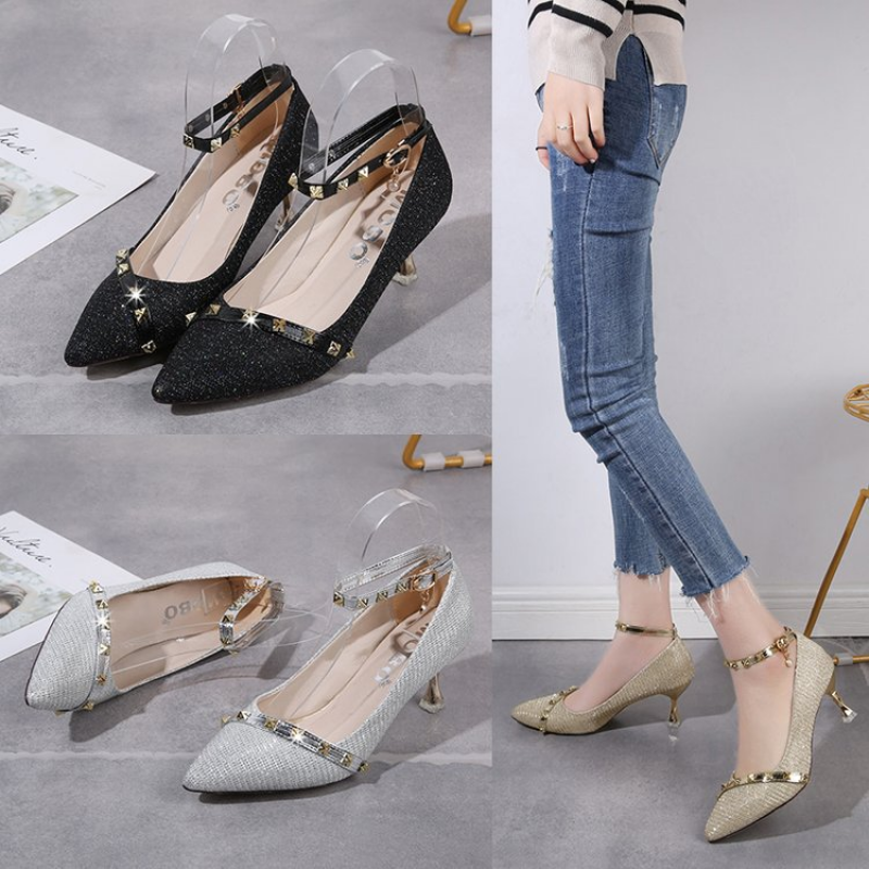 Women's Stylish Single Fine Heels with Shallow Mouth Elegant Design
