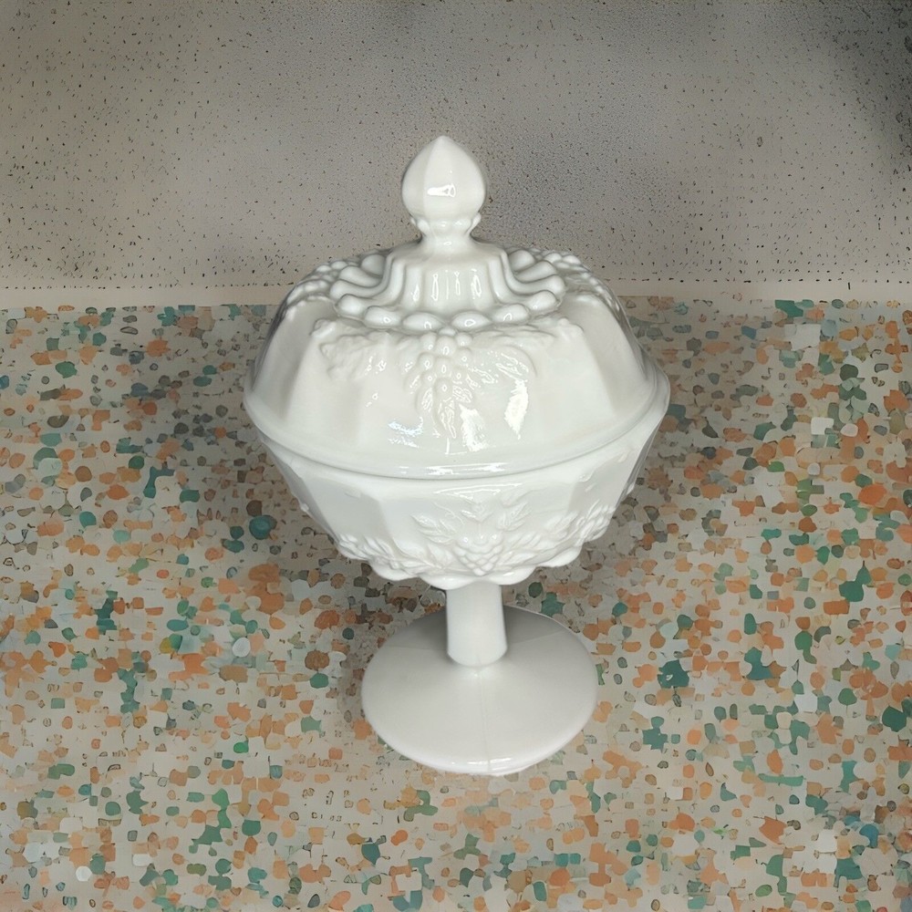 Vintage 1950s Westmoreland Milk Glass Pedestal Candy Dish with Paneled Grape Design
