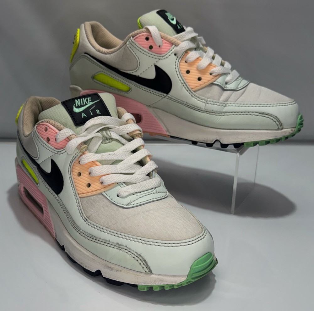 Women's Nike Air Max 90 Shoes Size 7.5 White Volt Green Glow Easter Sneakers