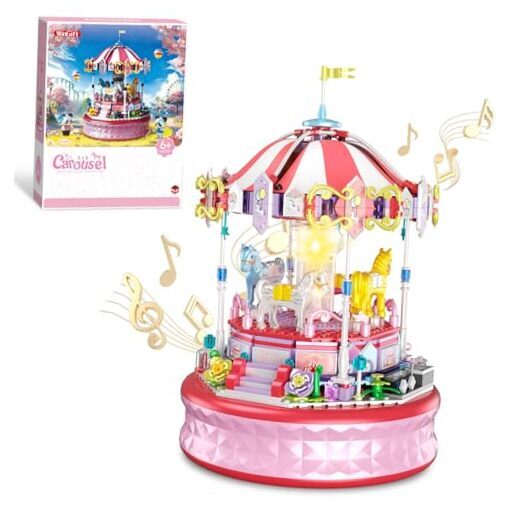 591 Piece Mini Music Box Building Block Set,Rotating Carousel DIY Building