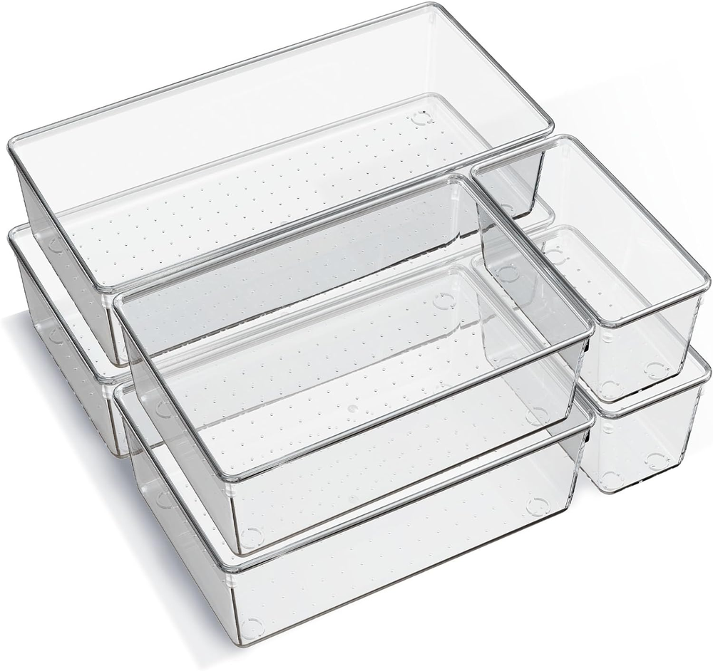 6 Pack Large Clear Plastic Drawer Organizer Trays, Acrylic Kitchen Drawer Organi