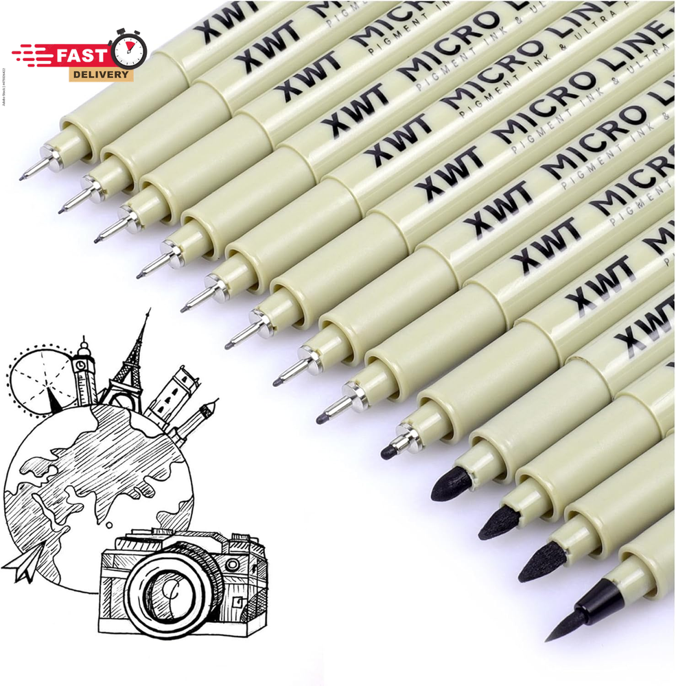 12+1 Fineliner Drawing Art Pens, Black Waterproof Pigment Ink Set for Artists, S