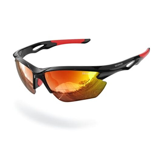 Polarized Sports Sunglasses for Men Women Bright Black Frame丨red Revo Lens