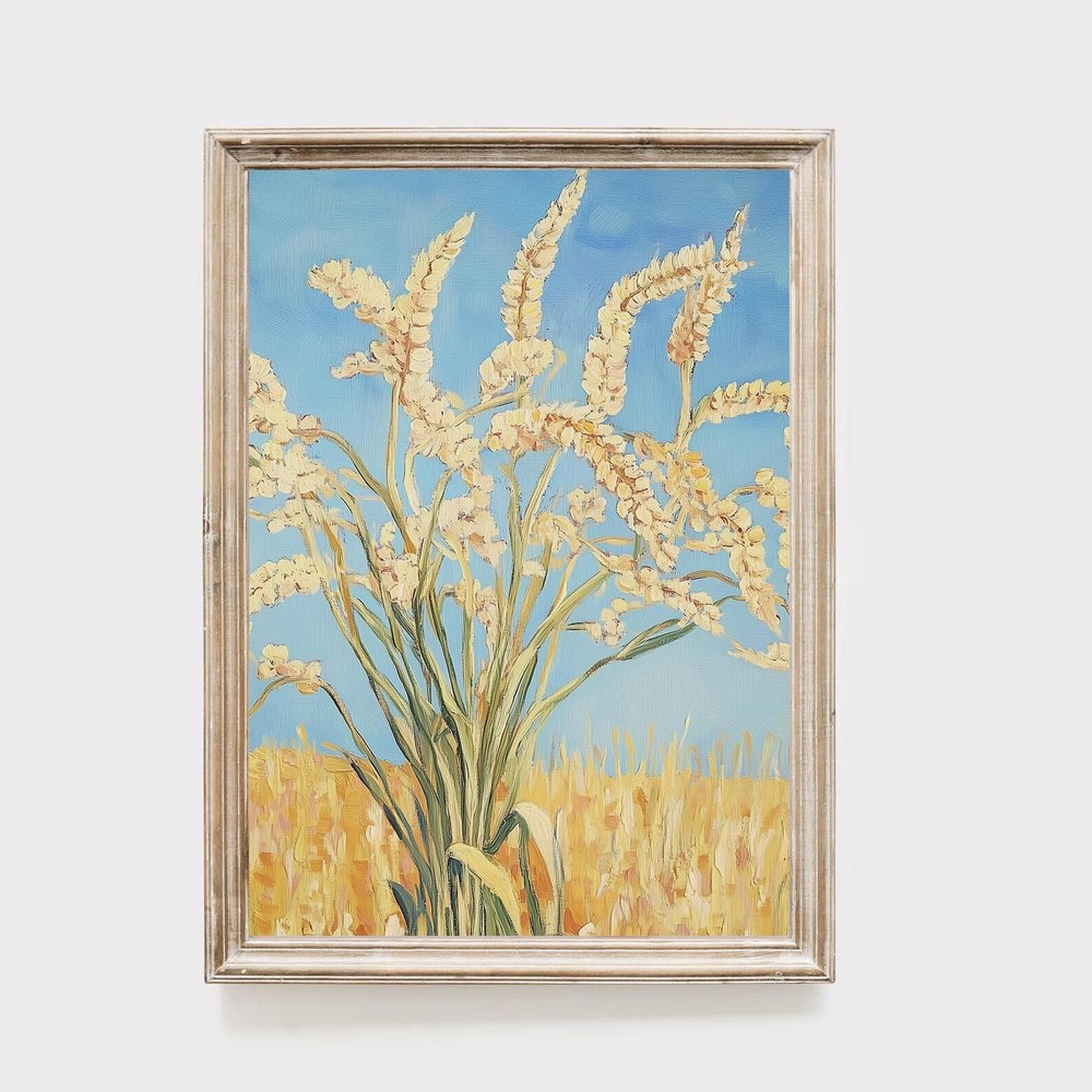 Wheat Field Art Print Golden Grass Painting Blue Sky Landscape Farmhouse Wall