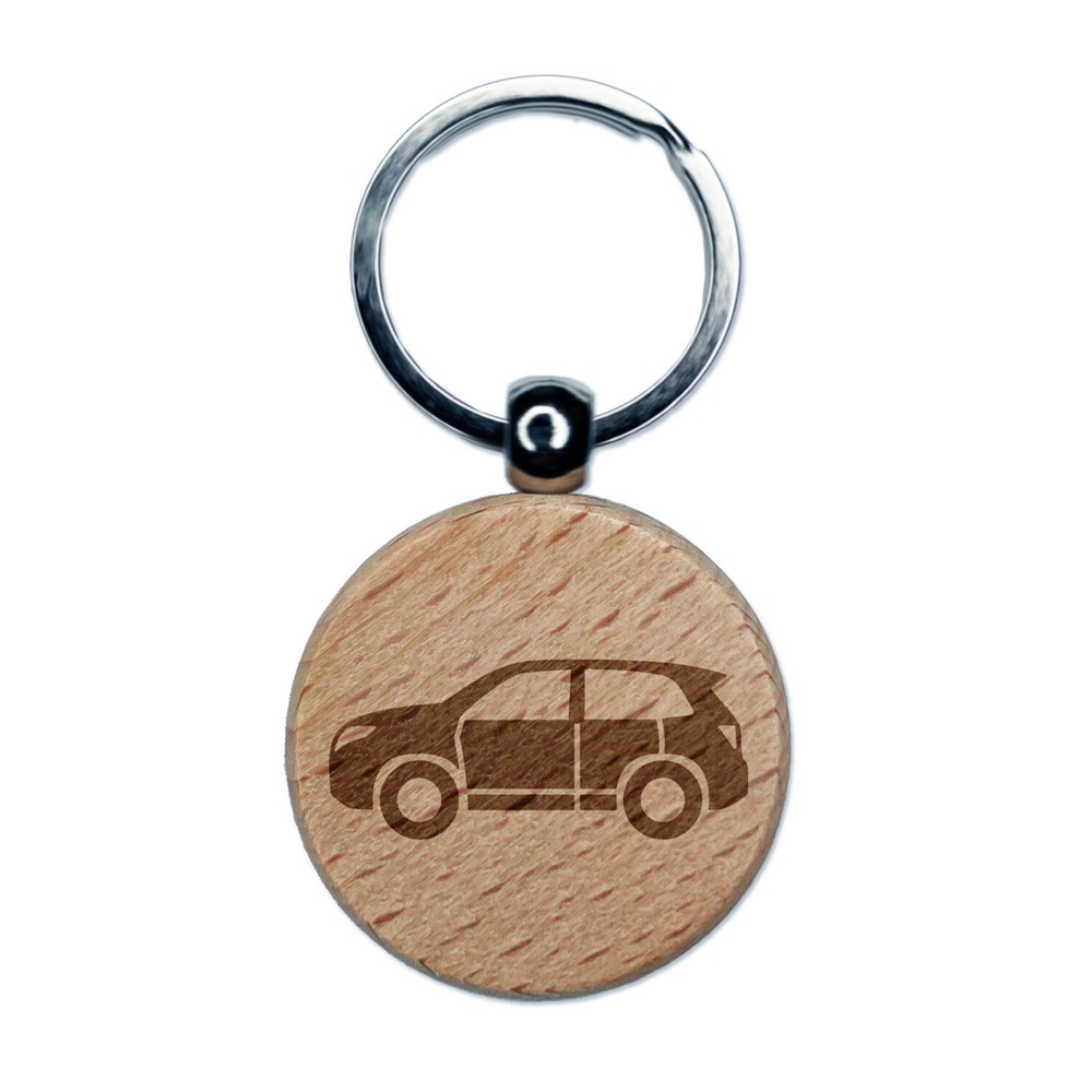 SUV Sports Utility Automobile Vehicle Engraved Wood Round Keychain Tag Charm