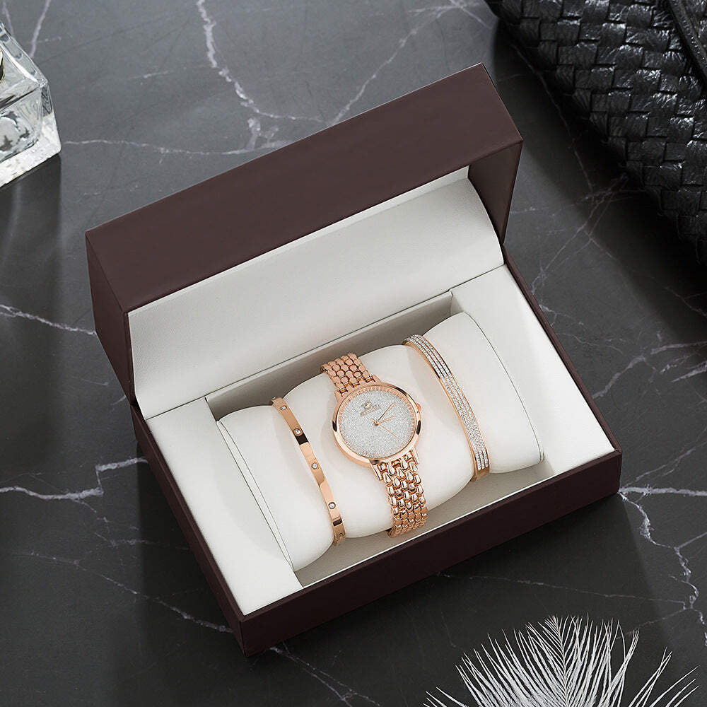 Elegant Women's Gold Quartz Watch Set with World Time Feature