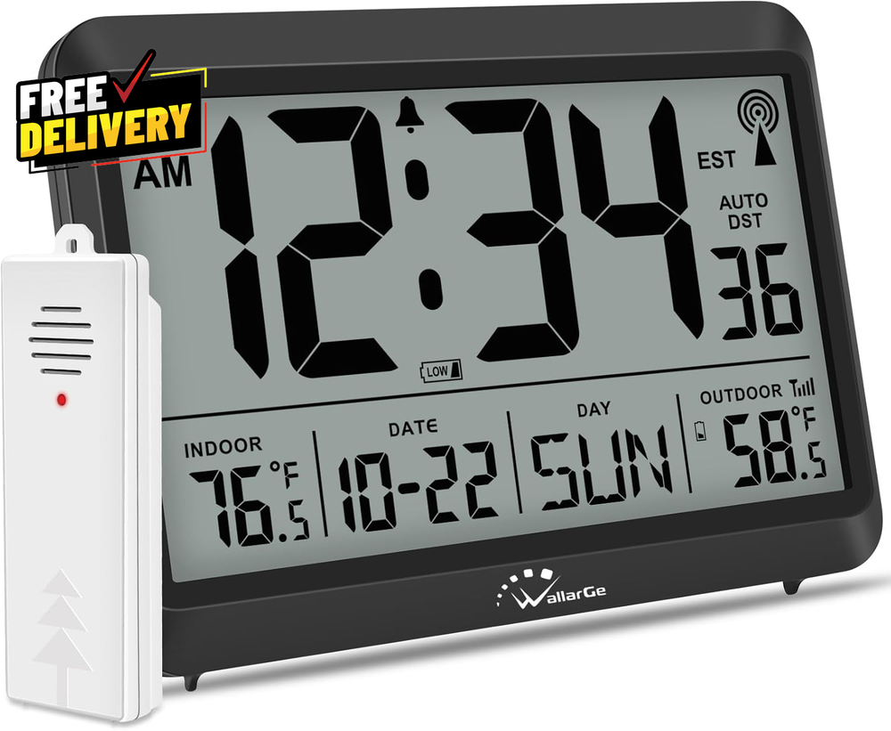 Atomic Clock with Indoor Outdoor Temperature - 8.5 Inch Digital Display Battery Powered