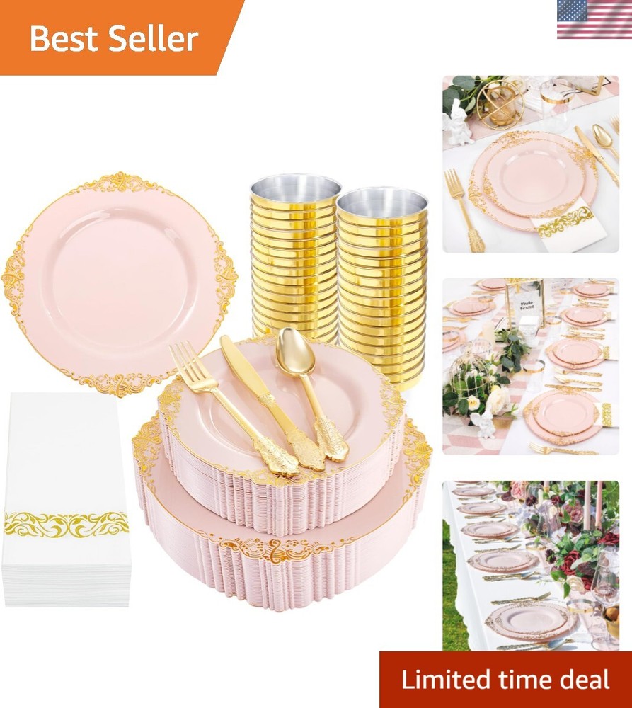 350PCS Pink Plastic Plates - Pink Plastic Dinnerware Sets for 50 Guests - 100...