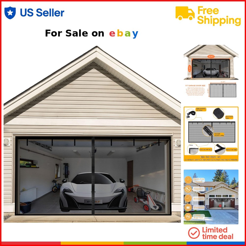 16x8FT Fiberglass Garage Door Screen with Magnetic Closure for Easy Hands-Free Installation