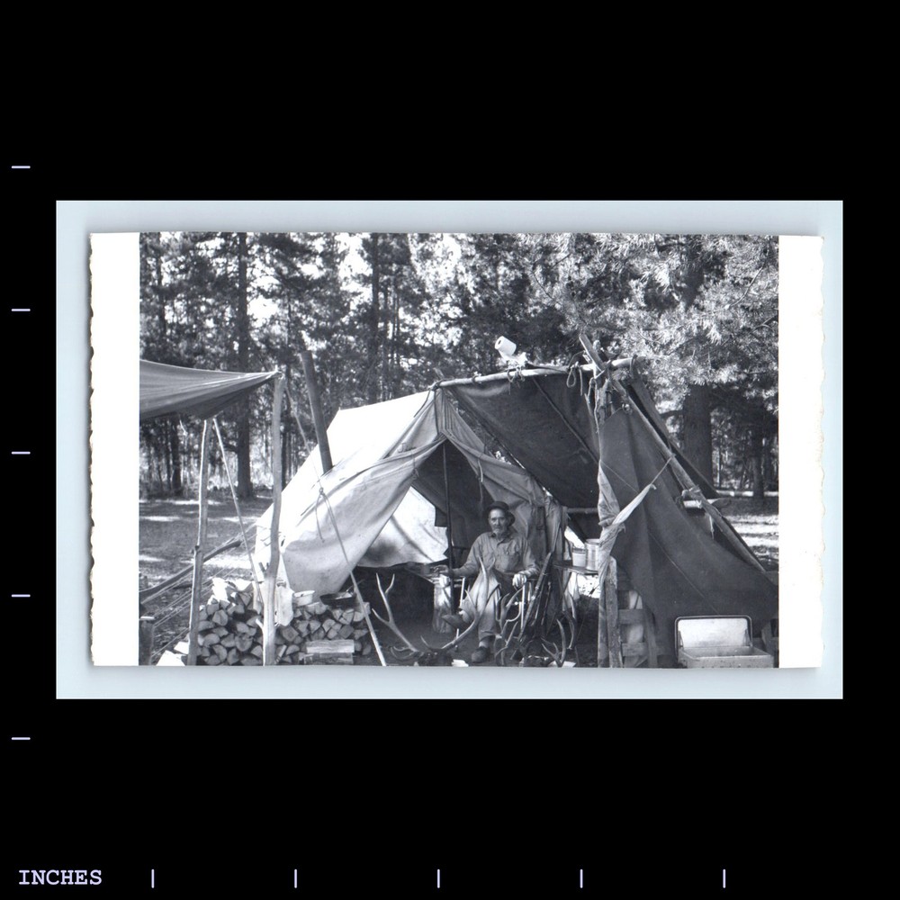 Vintage Photo of Hunter with Camping Tent Deer Antlers and Cooler
