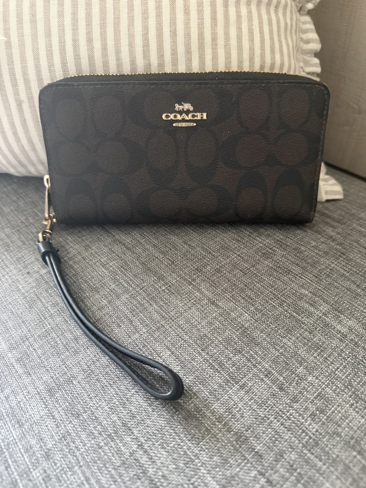 Coach Signature Canvas Long Zip Wallet in Gold, Walnut & Black