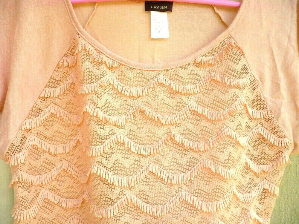 MOTHERS DAY M L LAVISH SOLID PEACH CROCHET LACE SCALLOP FRINGE NET BLOUSE WOMEN-image